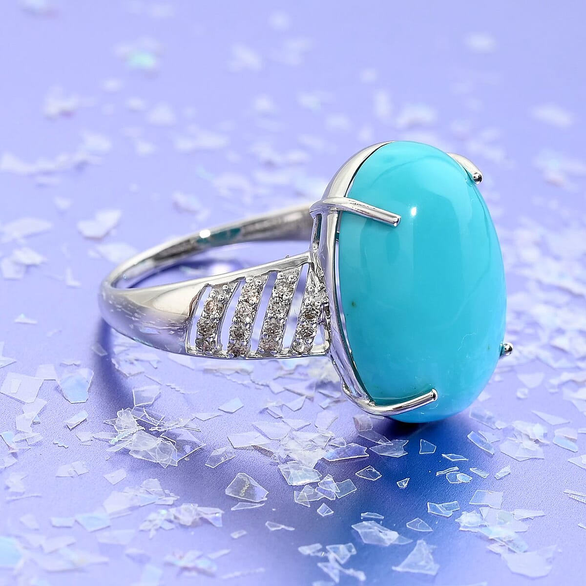 Luxoro 14K White Gold AAA Sleeping Beauty Turquoise and G-H I2 Diamond Ring (Size 7.5) 10.35 ctw image number 1