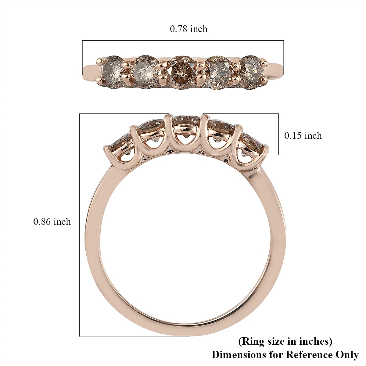 Luxoro  I3 Natural Champagne Diamond Ring, 10K Rose Gold Ring, Diamond 5 Stone Ring, Diamond Jewelry For Her, Gold Gifts 0.50 ctw image number 6