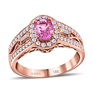 Certified  Iliana 18K Rose Gold AAA Madagascar Pink Sapphire, Diamond (G-H, SI) (0.37 cts) Halo Ring (Size 5.5) (5.50 g) 1.40 ctw