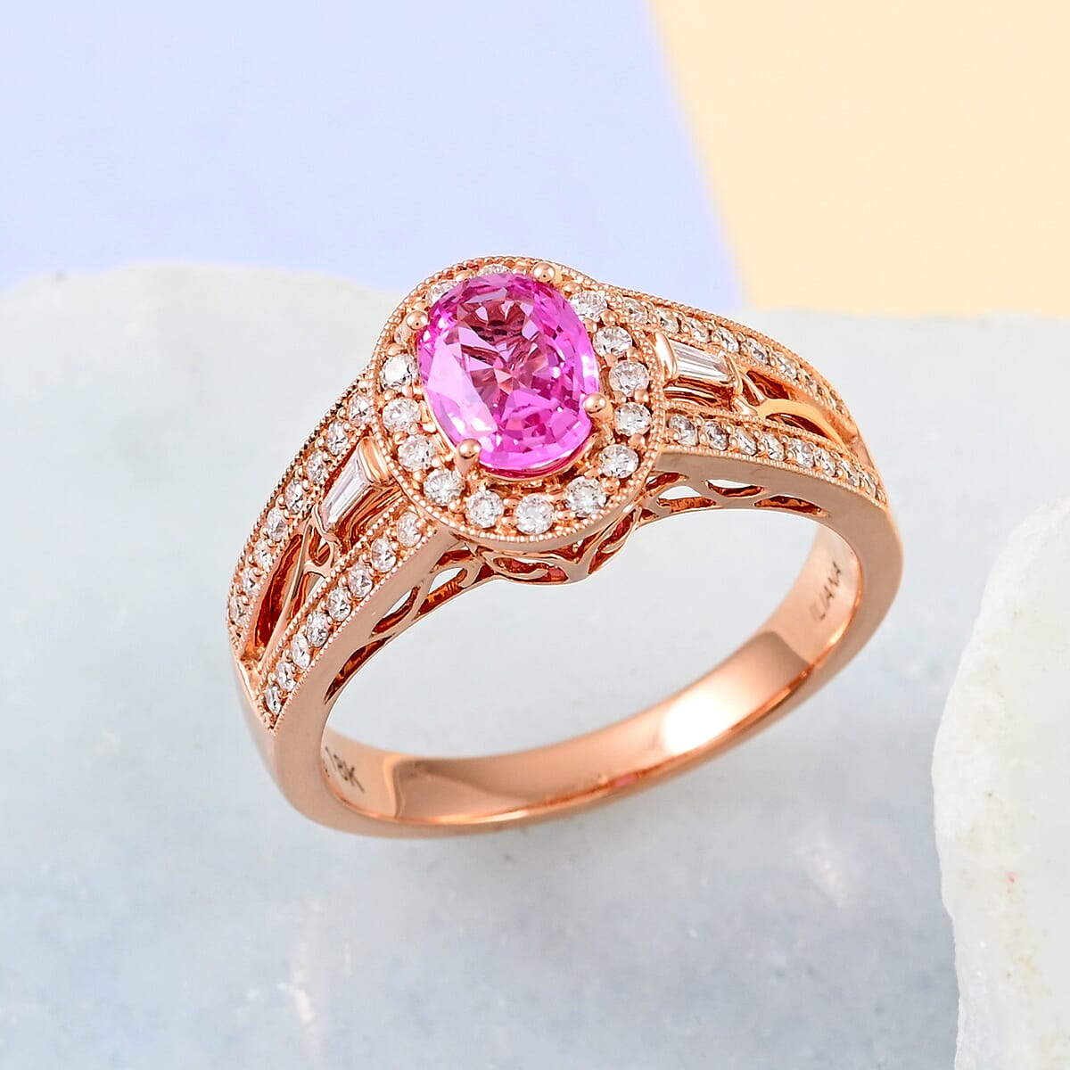 Certified & Appraised Iliana 18K Rose Gold AAA Madagascar Pink Sapphire and G-H SI Diamond Halo Ring (Size 9.5) 5.50 Grams 1.40 ctw image number 1