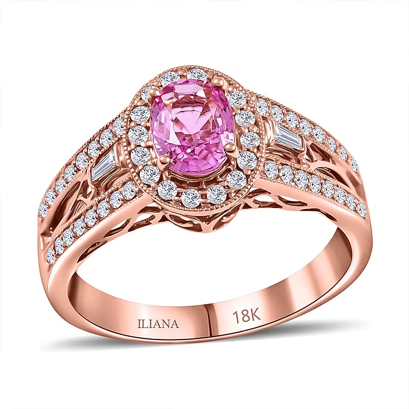 Certified & Appraised Iliana 18K Rose Gold AAA Madagascar Pink Sapphire, Diamond (G-H, SI) (0.37 cts) Halo Ring (Size 12.0) (5.50 g) 1.40 ctw