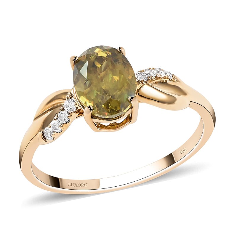 Luxoro 10K Yellow Gold AAA Sava Sphene and G-H I2 Diamond Ring (Size 5.0) 1.65 ctw