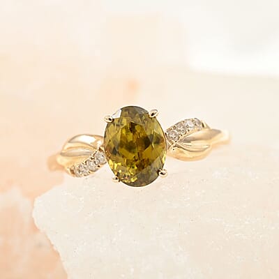 Luxoro 10K Yellow Gold AAA Sava Sphene and G-H I2 Diamond Ring (Size 5.0) 1.65 ctw