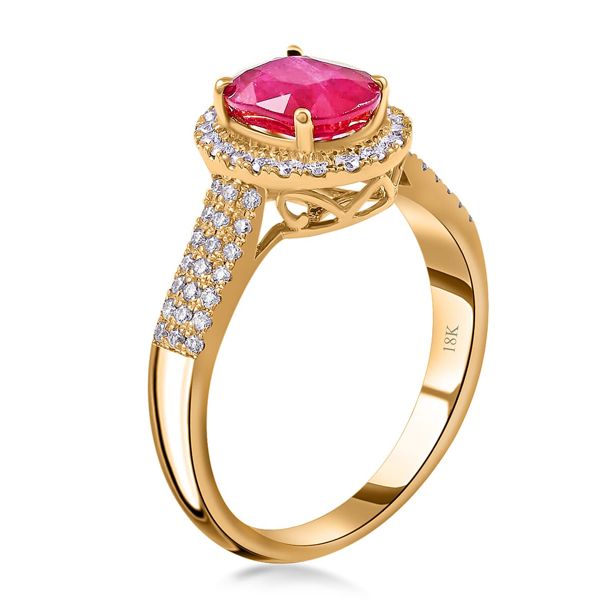 Iliana Certified & Appraised AAA Mozambique Ruby Ring, G-H SI Diamond Accent Ring, Ruby Halo Ring, 18K Yellow Gold Ring, Wedding Ring 4.50 Grams 2.05 ctw image number 2