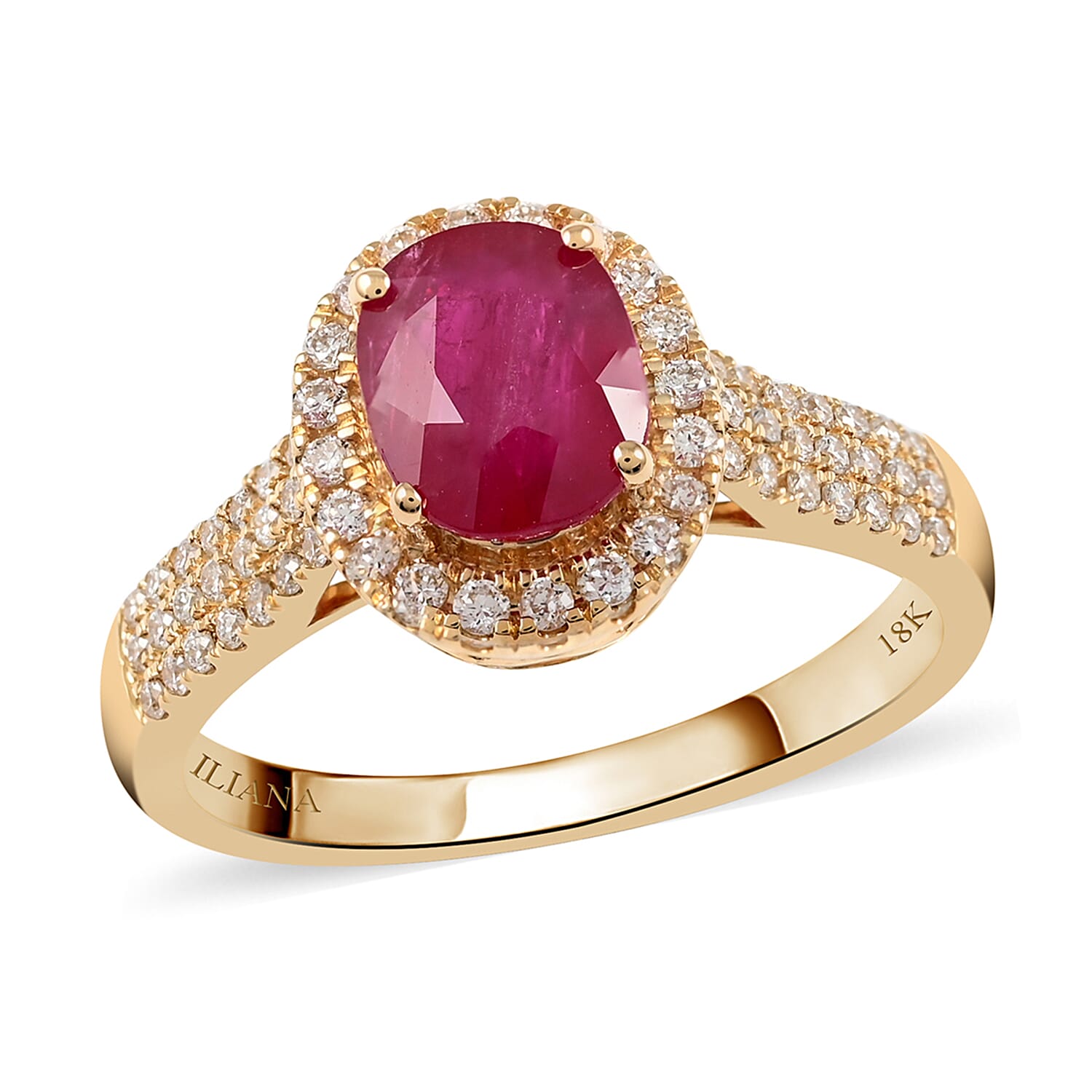Iliana Certified & Appraised AAA Mozambique Ruby Ring, G-H SI Diamond Accent Ring, Ruby Halo Ring, 18K Yellow Gold Ring, Wedding