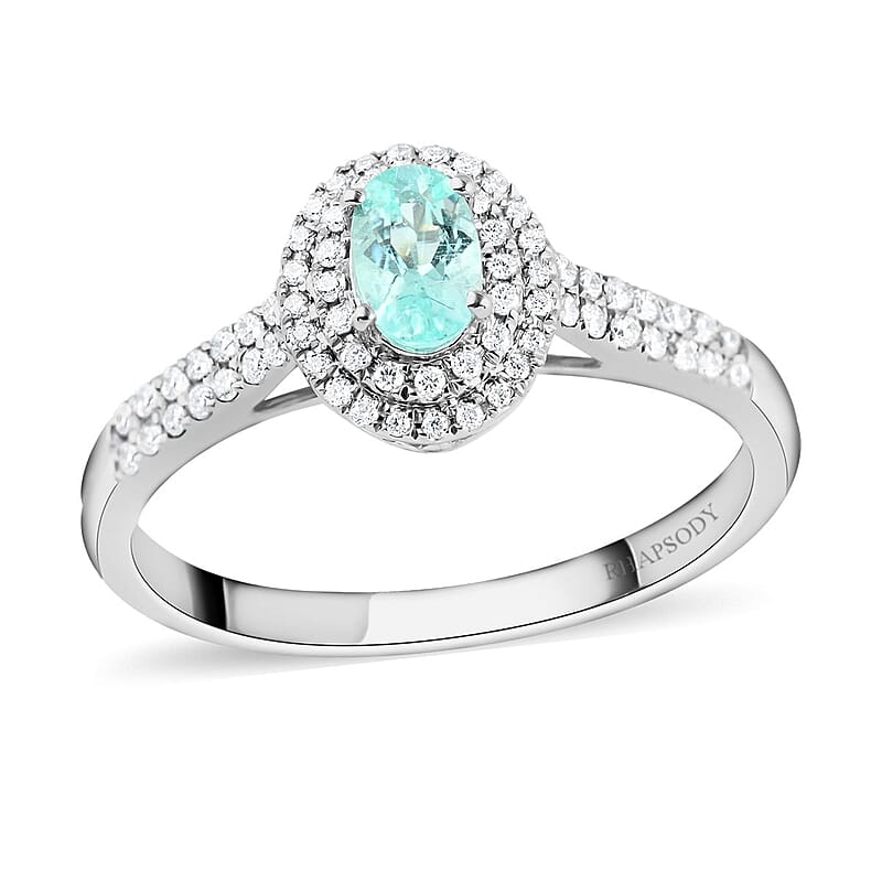 Certified & Appraised Rhapsody 950 Platinum AAAA Paraiba Tourmaline and E-F VS Diamond Double Halo Ring (Size 5.0) 4.45 Grams 0.65 ctw