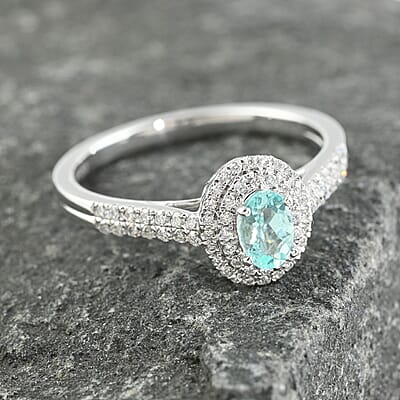 Certified & Appraised Rhapsody 950 Platinum AAAA Paraiba Tourmaline and E-F VS Diamond Double Halo Ring (Size 5.0) 4.45 Grams 0.65 ctw