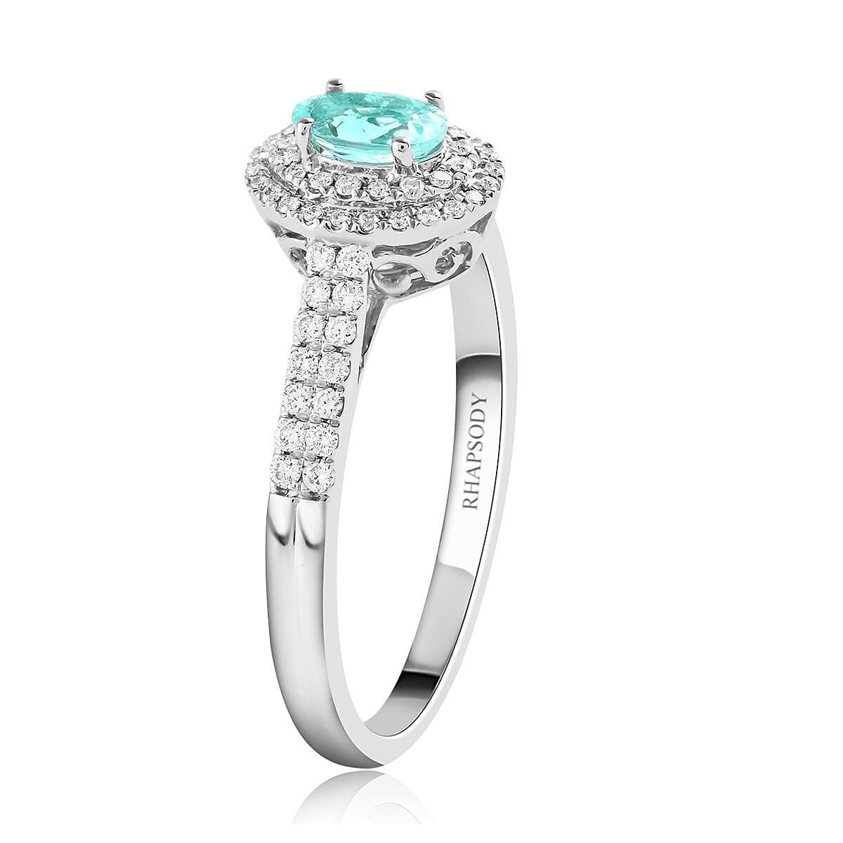 Certified & Appraised Rhapsody 950 Platinum AAAA Paraiba Tourmaline and E-F VS Diamond Double Halo Ring (Size 5.0) 4.45 Grams 0.65 ctw