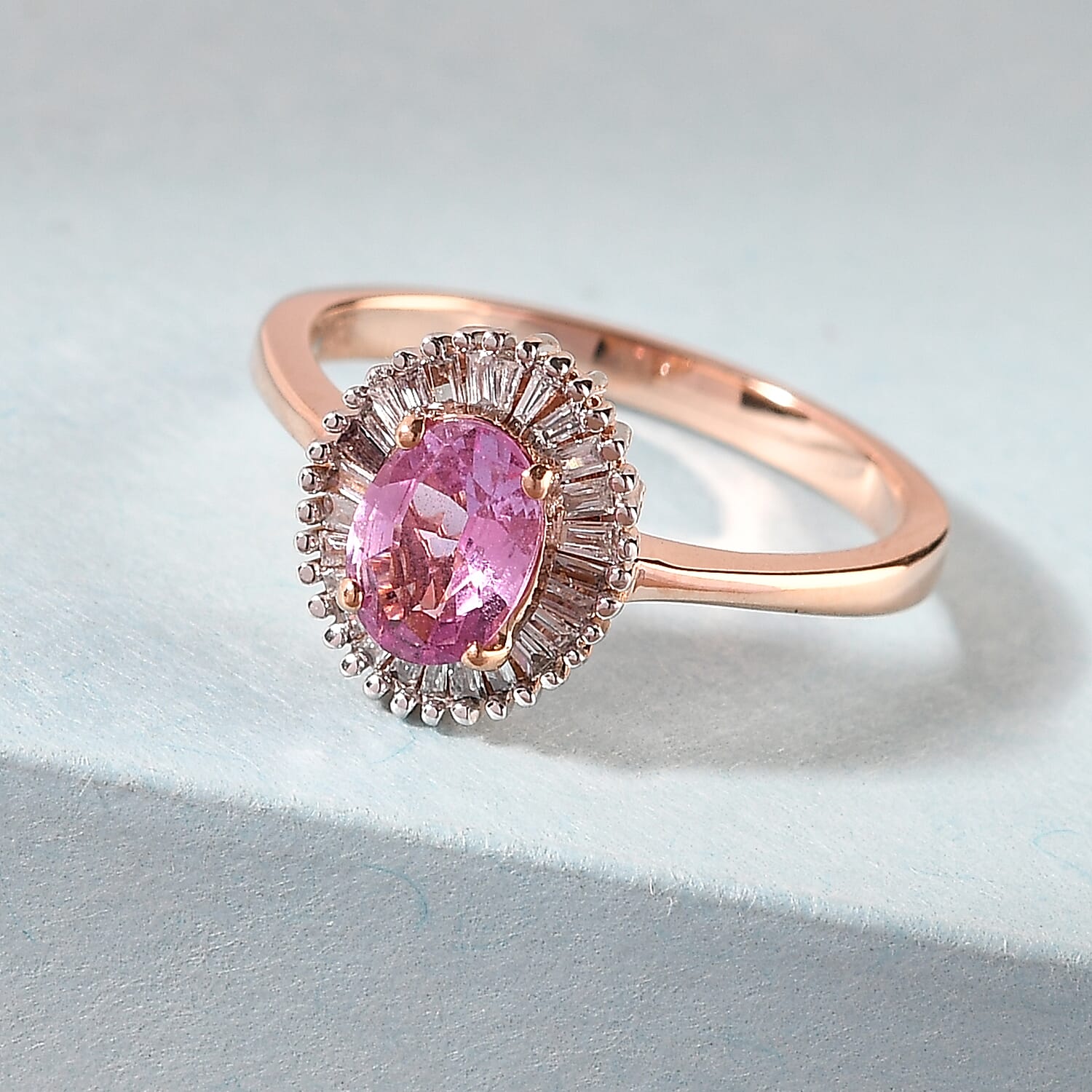 Iliana 18K Rose Gold AAA Madagascar Pink Sapphire and G-H SI Diamond Halo Ring (Size 5.0) 1.15 ctw