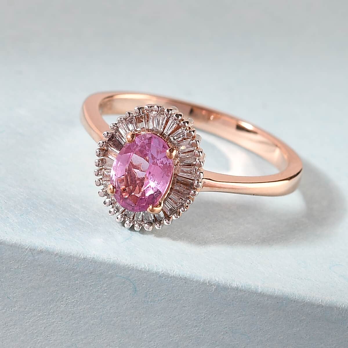 Iliana 18K Rose Gold AAA Madagascar Pink Sapphire and G-H SI Diamond Halo Ring (Size 10.0) 3.30 Grams 1.15 ctw image number 1