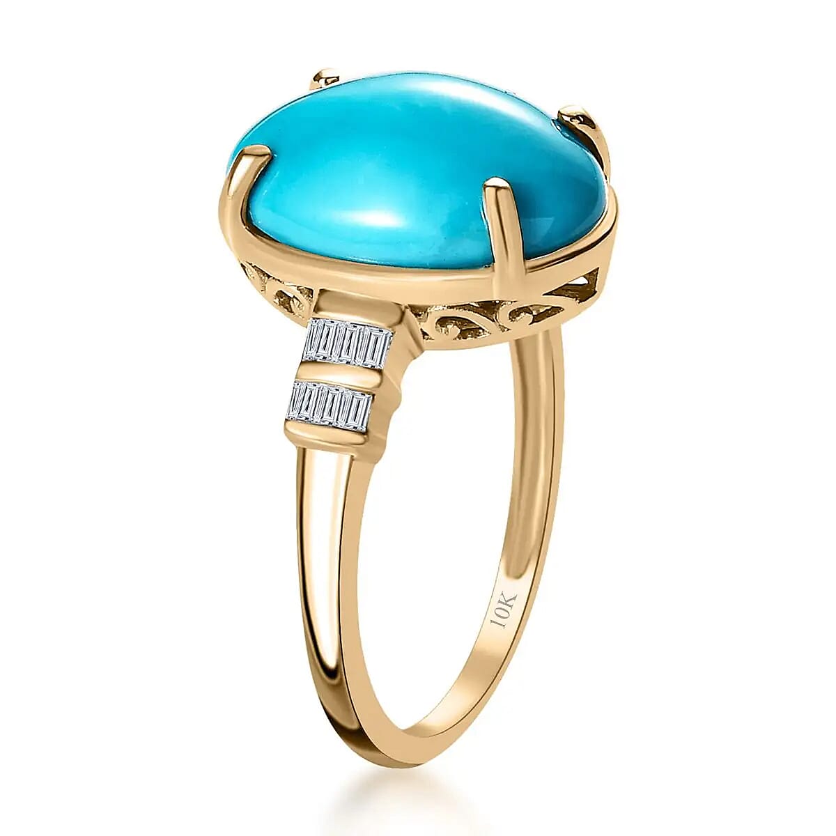 Luxoro Premium Sleeping Beauty Turquoise Ring, Diamond Accent Ring, 10K Yellow Gold Ring, Turquoise Jewelry, Gifts For Her 5.40 ctw image number 3