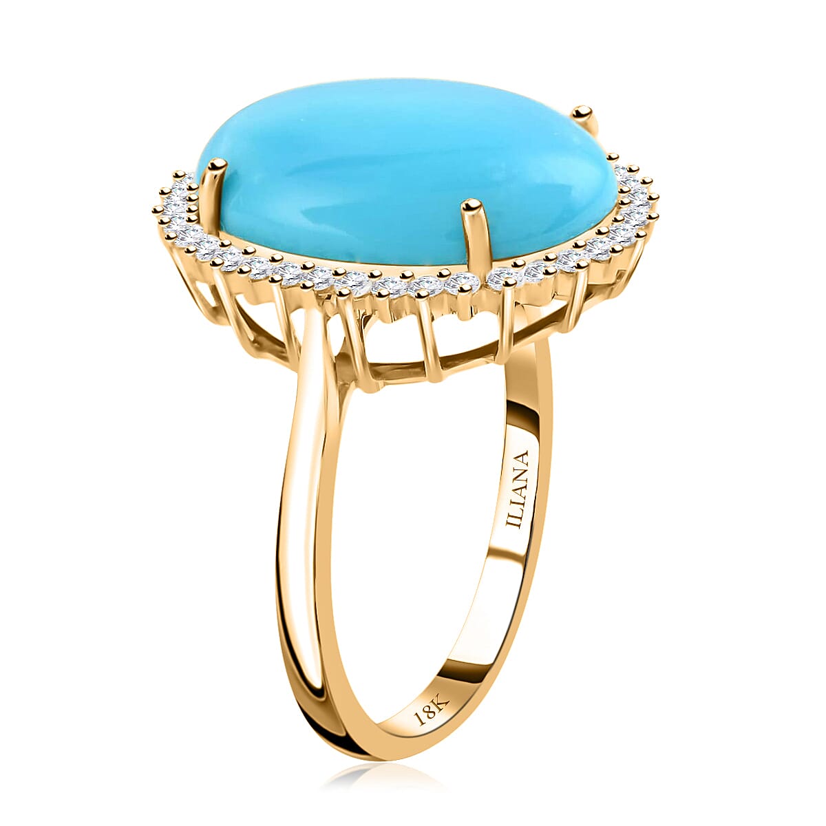 Iliana 18K Yellow Gold AAA Sleeping Beauty Turquoise and G-H SI Diamond Halo Ring (Size 8.5) 5.25 Grams 9.10 ctw