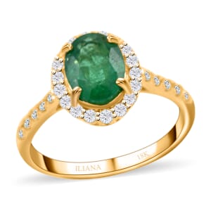 Iliana 18K Yellow Gold AAA Kagem Zambian Emerald and G-H SI Diamond Halo Ring (Size 11.0) 1.65 ctw