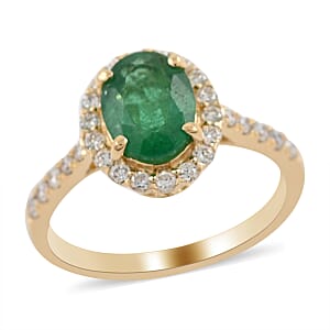 Iliana 18K Yellow Gold AAA Kagem Zambian Emerald, Diamond (G-H, SI) (0.30 cts) Halo Ring (Size 12.0) (3.75 g) 1.65 ctw