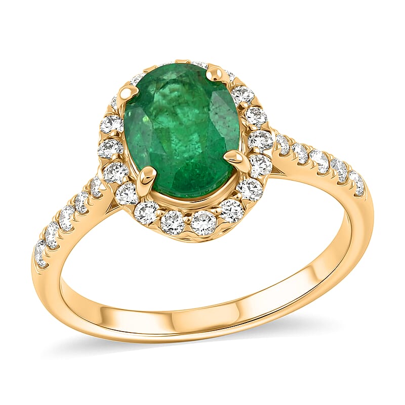 Iliana 18K Yellow Gold AAA Kagem Zambian Emerald, Diamond (G-H, SI) (0.30 cts) Halo Ring (Size 12.0) (3.75 g) 1.65 ctw
