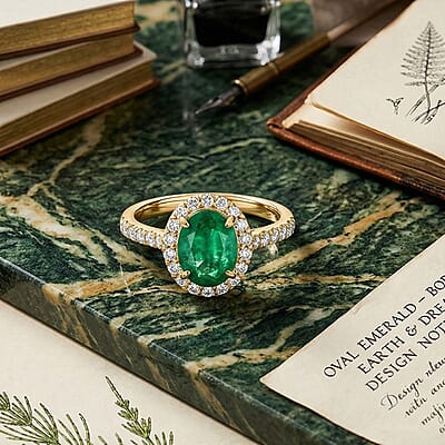 Iliana 18K Yellow Gold AAA Kagem Zambian Emerald, Diamond (G-H, SI) (0.30 cts) Halo Ring (Size 12.0) (3.75 g) 1.65 ctw