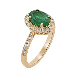Iliana 18K Yellow Gold AAA Kagem Zambian Emerald, Diamond (G-H, SI) (0.30 cts) Halo Ring (Size 12.0) (3.75 g) 1.65 ctw