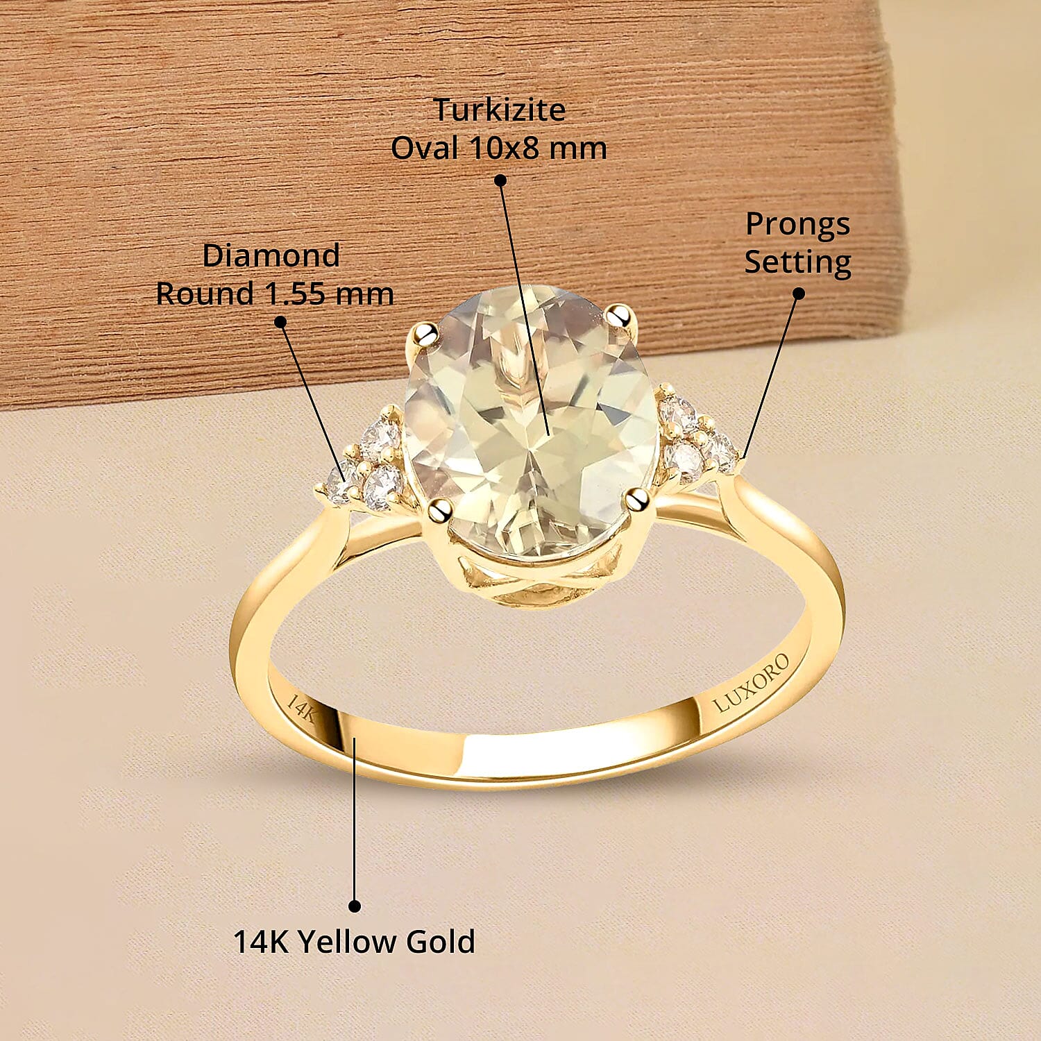 Certified and Appraised Luxoro 14K Yellow Gold AAA Turkizite and G-H I2 Diamond Ring (Size 5.0) 3.00 ctw