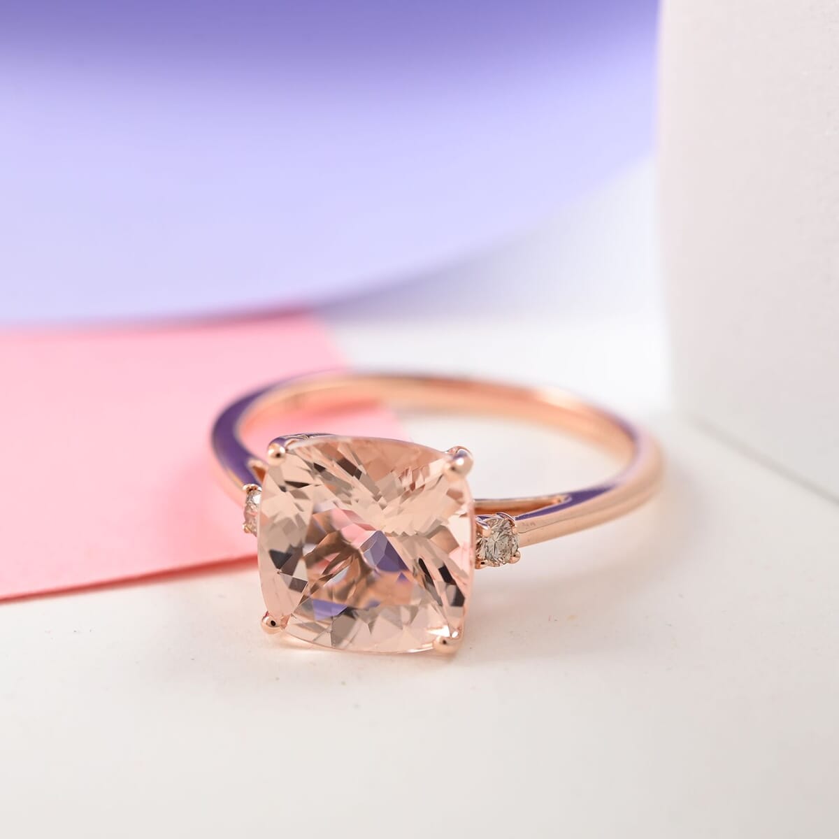 Luxoro 14K Rose Gold AAA Marropino Morganite and G-H I2 Diamond Ring (Size 7.5) 3.00 ctw image number 1