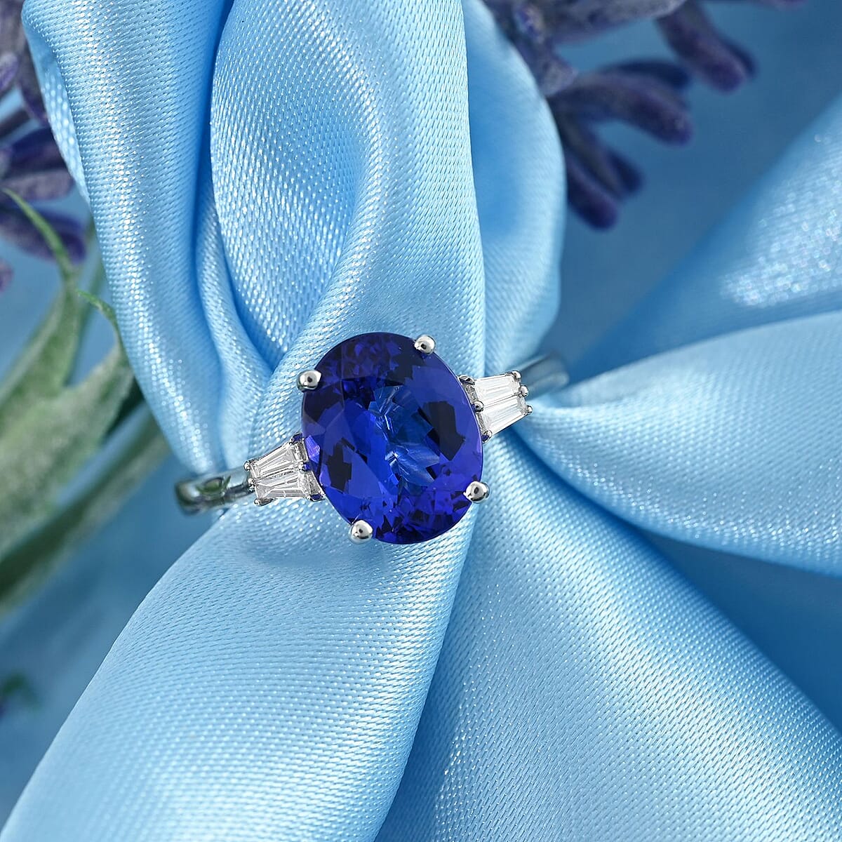 Certified Rhapsody 950 Platinum AAAA Tanzanite and E-F VS Diamond Ring (Size 7.5) 4.65 Grams 3.50 ctw image number 1