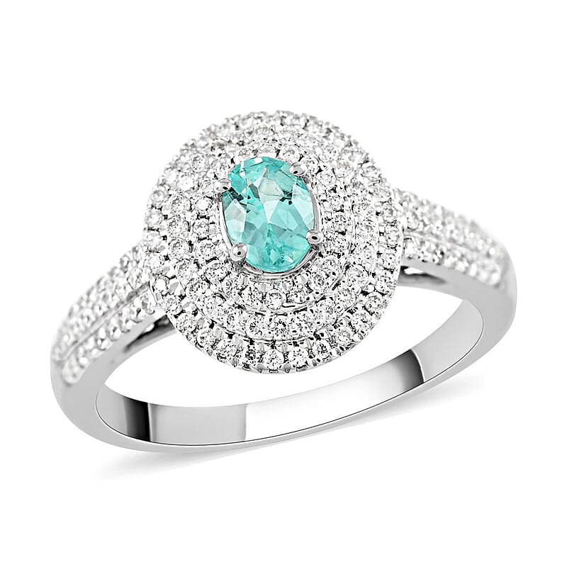 Certified Rhapsody 950 Platinum AAAA Paraiba Tourmaline and E-F VS Diamond Double Halo Ring (Size 5.0) 6.42 Grams 0.90 ctw