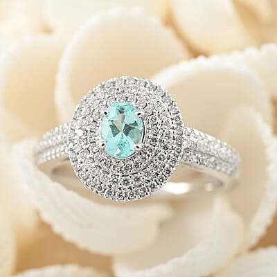Certified Rhapsody 950 Platinum AAAA Paraiba Tourmaline and E-F VS Diamond Double Halo Ring (Size 5.0) 6.42 Grams 0.90 ctw
