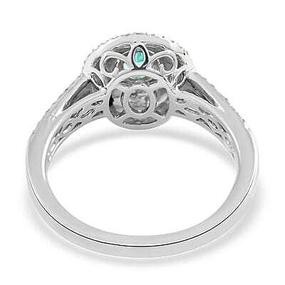 Certified Rhapsody 950 Platinum AAAA Paraiba Tourmaline and E-F VS Diamond Double Halo Ring (Size 5.0) 6.42 Grams 0.90 ctw