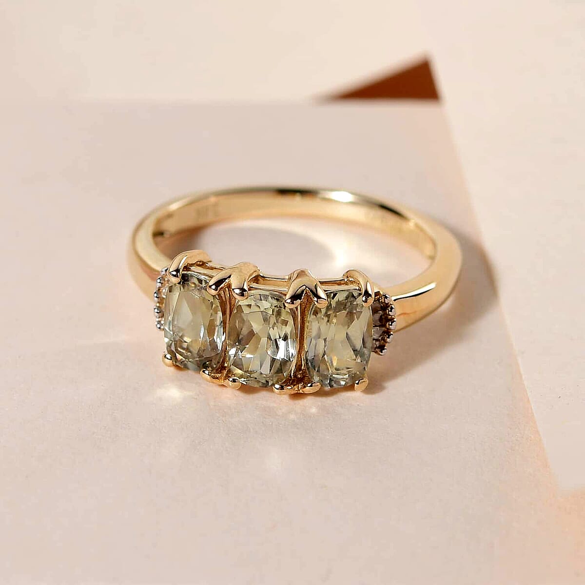 AAA Turkizite and G-H I3 Diamond 1.75 ctw Trilogy Ring in 14K Yellow Gold (Size 8.5) image number 1