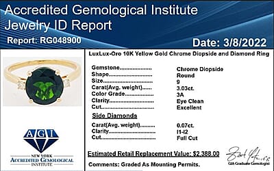 Certified Luxoro 10K Yellow Gold AAA Chrome Diopside and G-H I1-I2 Diamond Solitaire Ring (Size 5.0) 3.10 ctw