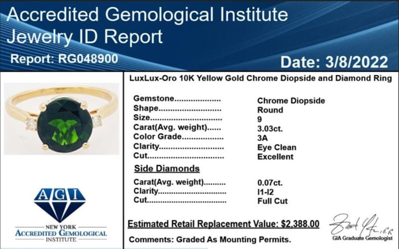 Certified Luxoro 10K Yellow Gold AAA Chrome Diopside and G-H I1-I2 Diamond Solitaire Ring (Size 5.0) 3.10 ctw