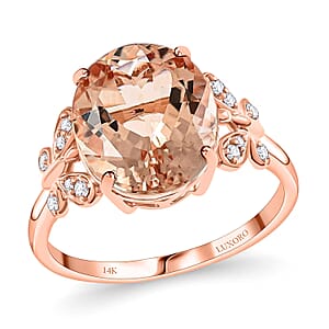 Luxoro 14K Rose Gold AAA Marropino Morganite and G-H I2 Diamond Ring (Size 5.0) 4.40 ctw
