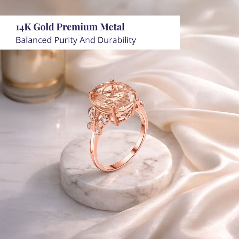 Luxoro 14K Rose Gold AAA Marropino Morganite and G-H I2 Diamond Ring (Size 6.5) 4.40 ctw