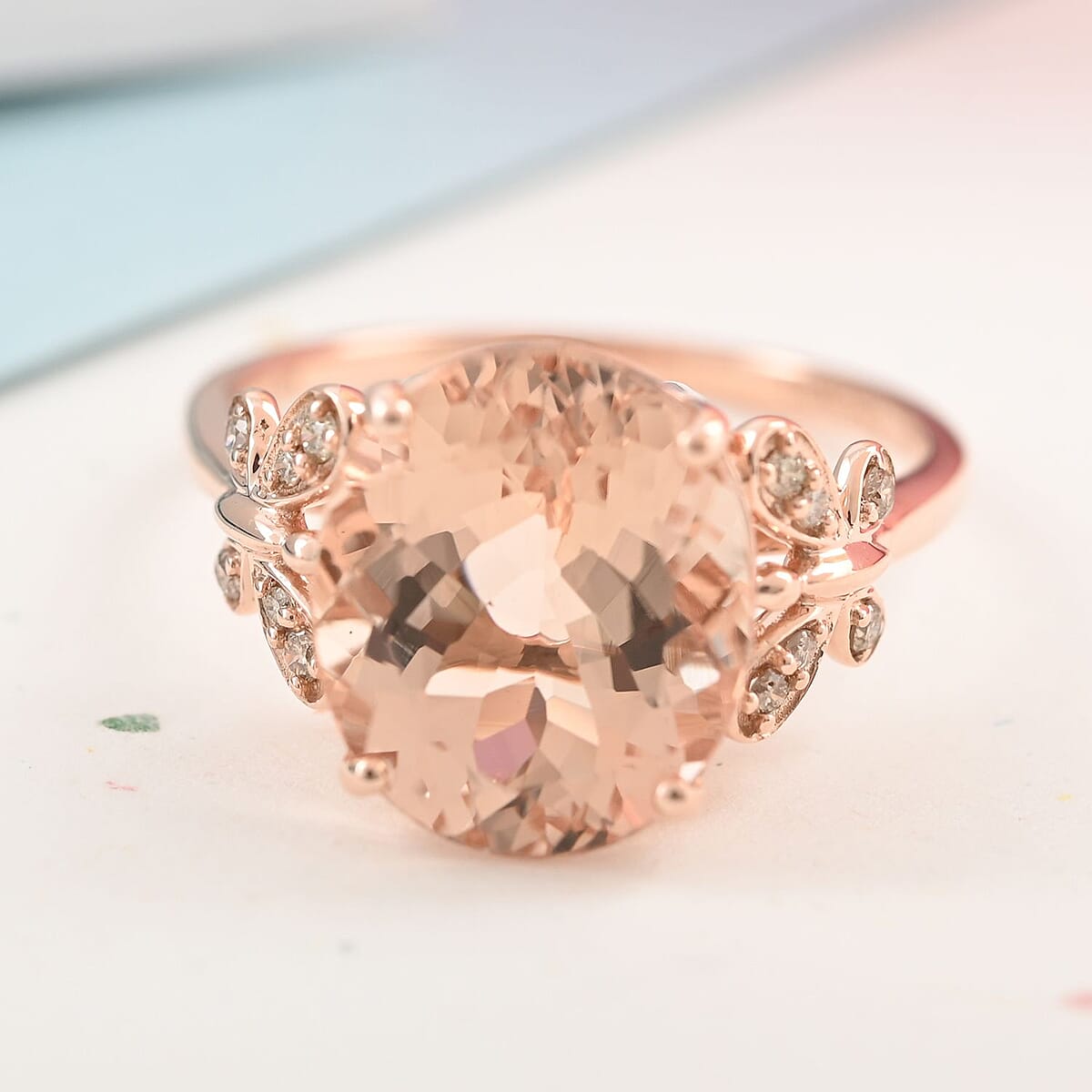 Luxoro 14K Rose Gold AAA Marropino Morganite and G-H I2 Diamond Ring (Size 8.5) 4.40 ctw image number 1