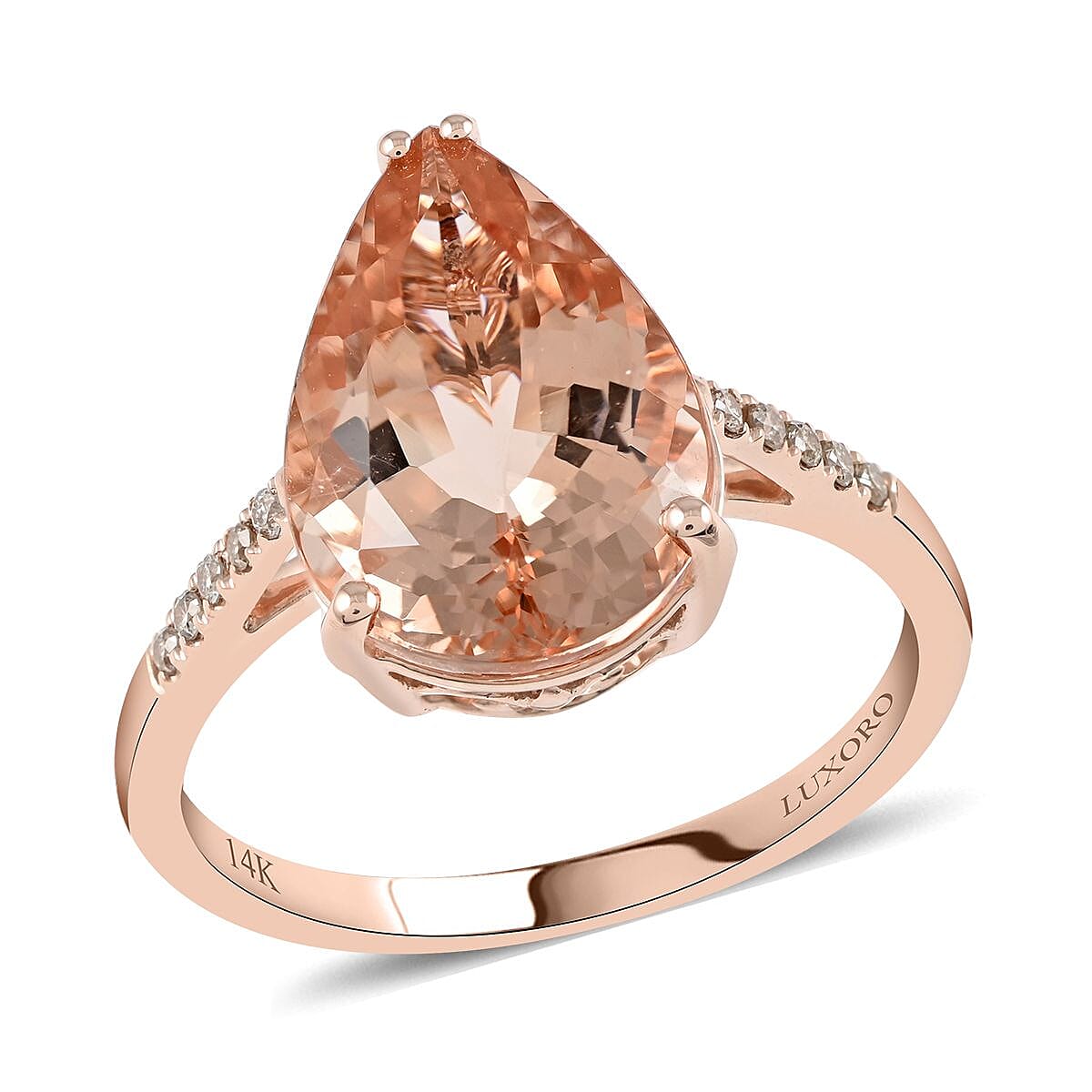 Luxoro 14K Rose Gold AAA Marropino Morganite and G-H I2 Diamond Ring (Size 5.0) 4.70 ctw