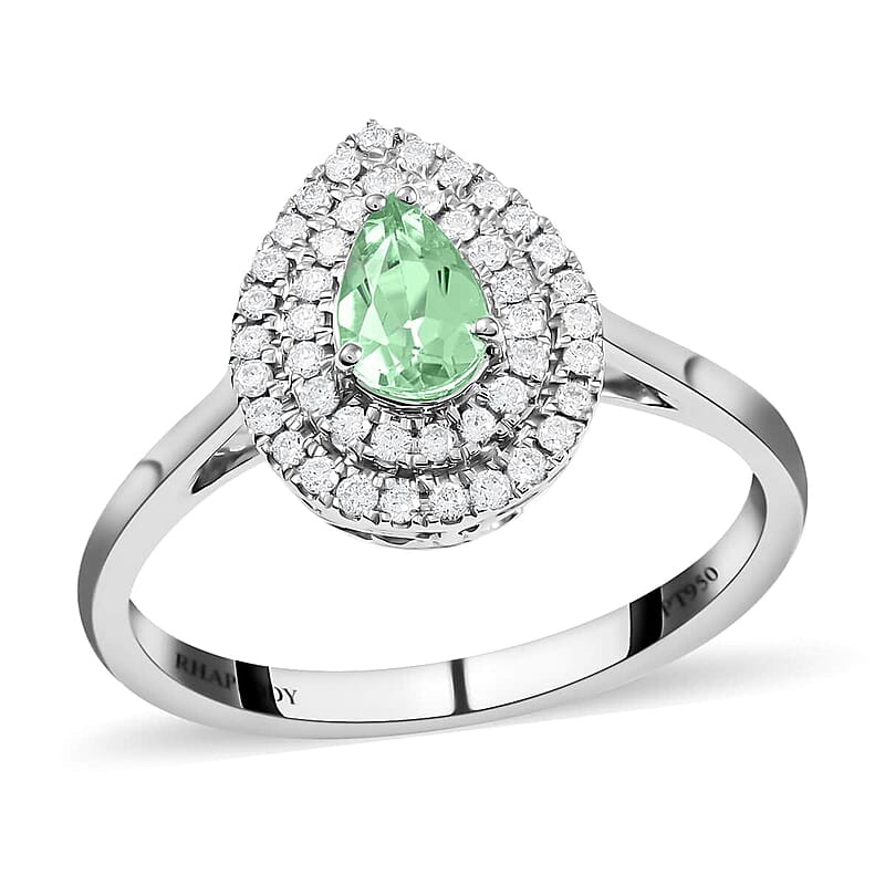 Certified Rhapsody 950 Platinum AAAA Paraiba Tourmaline and E-F VS Diamond Double Halo Ring (Size 5.0) 4.75 Grams 0.65 ctw