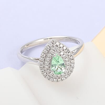 Certified Rhapsody 950 Platinum AAAA Paraiba Tourmaline and E-F VS Diamond Double Halo Ring (Size 5.0) 4.75 Grams 0.65 ctw