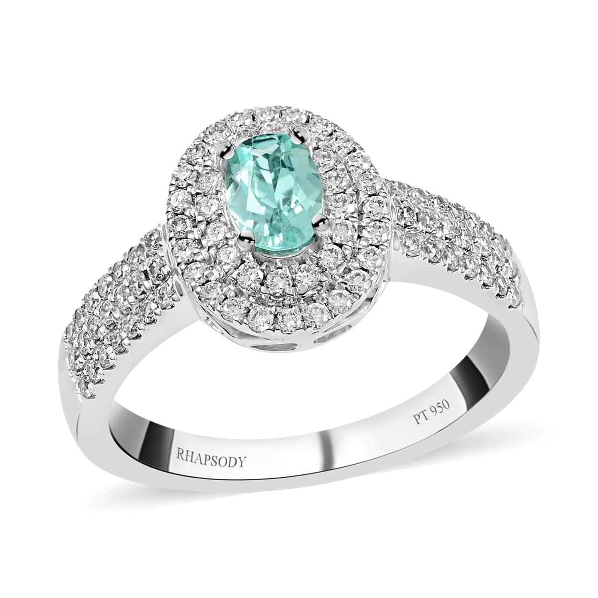 Certified Rhapsody 950 Platinum AAAA Paraiba Tourmaline and E-F VS Diamond Double Halo Ring (Size 7.5) 7.25 Grams 1.00 ctw image number 0