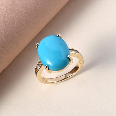 Luxoro 10K Yellow Gold AAA Sleeping Beauty Turquoise and Diamond Ring (Size 5.0) 3.50 Grams 8.00 ctw