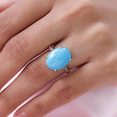 Luxoro 10K Yellow Gold AAA Sleeping Beauty Turquoise and Diamond Ring (Size 5.0) 3.50 Grams 8.00 ctw