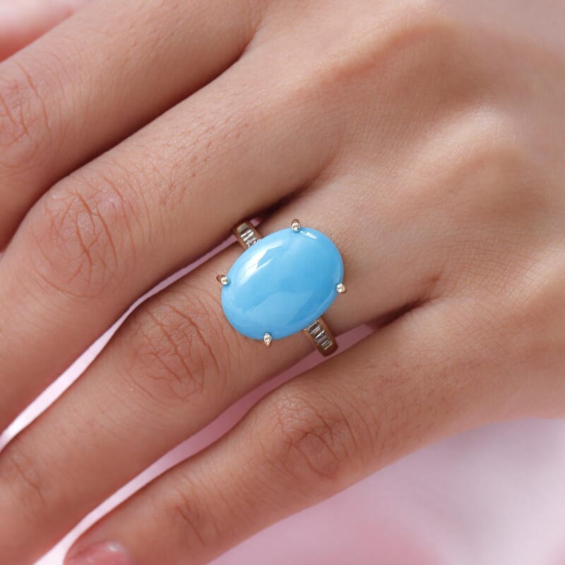 Luxoro 10K Yellow Gold AAA Sleeping Beauty Turquoise and Diamond Ring (Size 5.0) 3.50 Grams 8.00 ctw