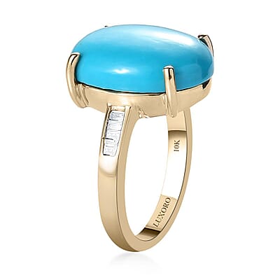 Luxoro 10K Yellow Gold AAA Sleeping Beauty Turquoise and Diamond Ring (Size 5.0) 3.50 Grams 8.00 ctw