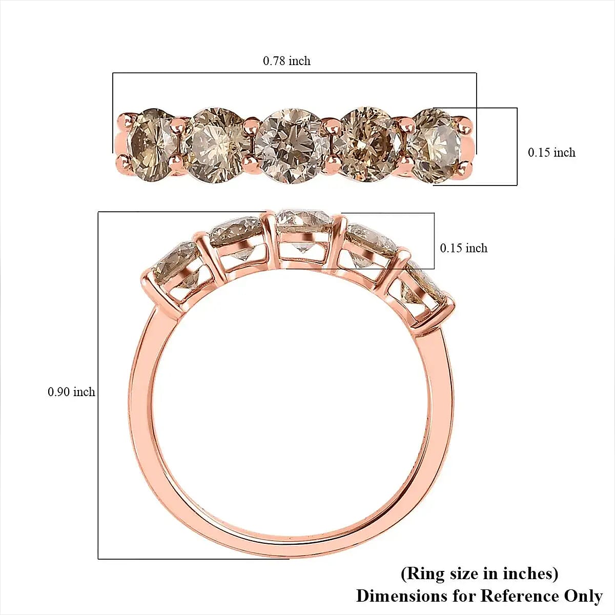 Natural Champagne Diamond 1.00 ctw Five Stone Ring in 10K Rose Gold, Wedding Band Ring, Promise Rings For Women (Size 5.5) image number 6