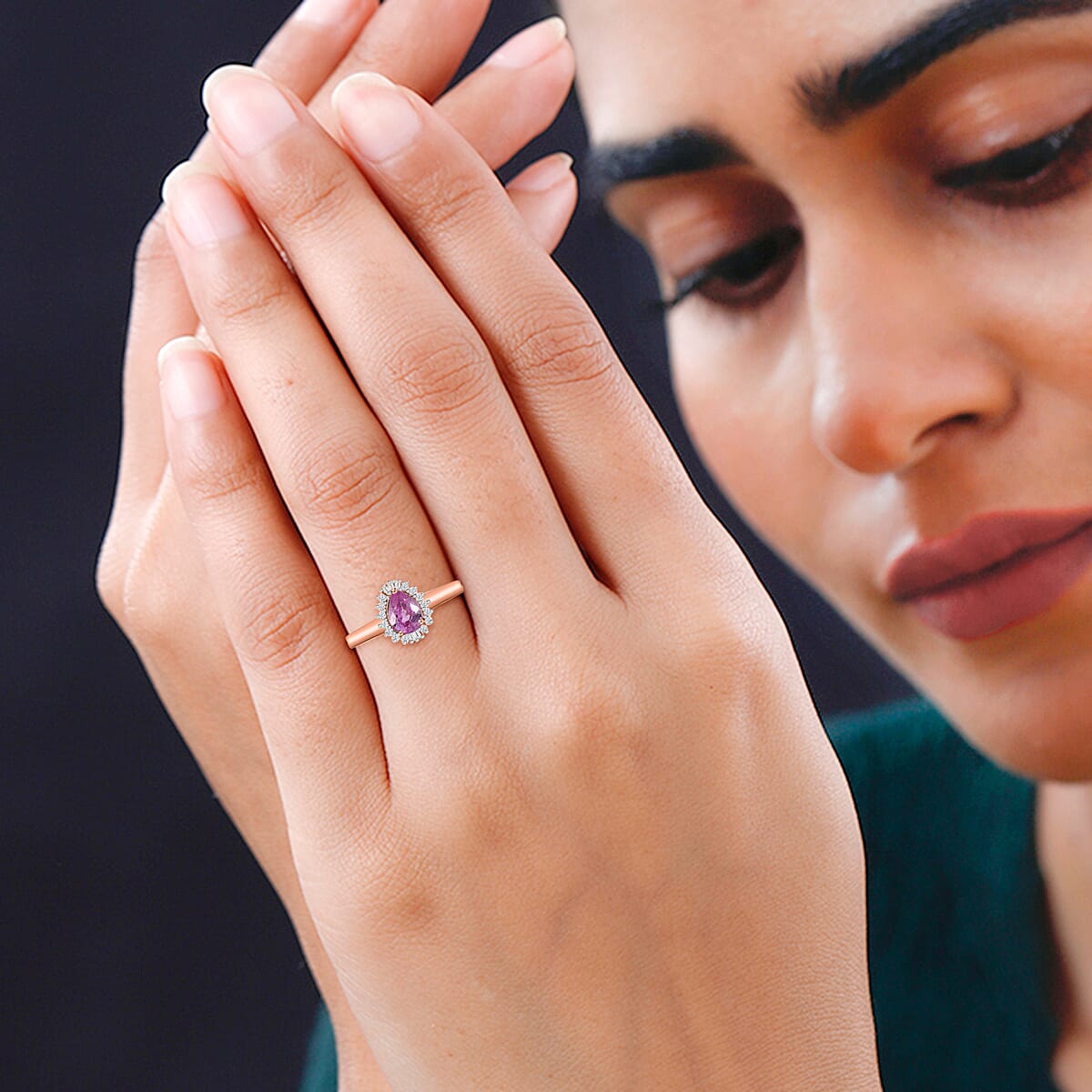 Iliana 18K Rose Gold AAA Madagascar Pink Sapphire and G-H SI Diamond Halo Ring (Size 8.5) 1.00 ctw image number 2