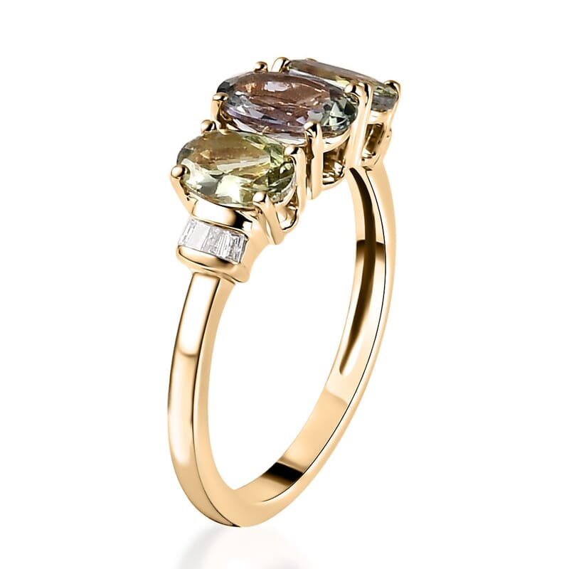 Luxoro 10K Yellow Gold Premium Green Tanzanite and G-H I3 Diamond Trilogy Ring (Size 5.0) 2.00 ctw