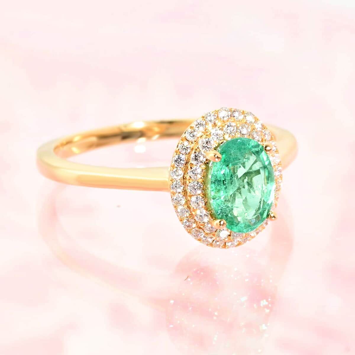 Certified Iliana 18K Yellow Gold AAA Ethiopian Emerald and G-H SI Diamond Double Halo Ring (Size 5.0) 3.50 Grams 1.00 ctw image number 1