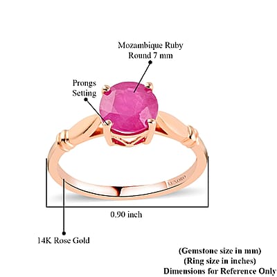 Luxoro 14K Rose Gold AAA Mozambique Ruby Solitaire Ring (Size 11.0) 2.40 Grams 1.50 ctw