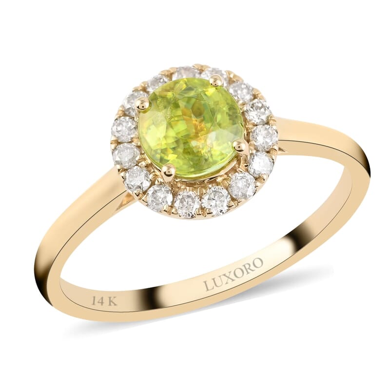 Luxoro 14K Yellow Gold AAA Sava Sphene and G-H I2 Diamond Halo Ring (Size 5.0) 1.30 ctw