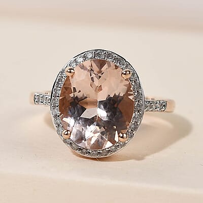 Luxoro 10K Rose Gold AAA Marropino Morganite and G-H I3 Diamond Halo Ring (Size 5.0) 4.15 ctw