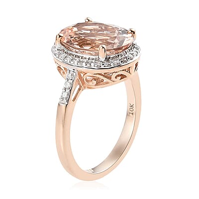 Luxoro 10K Rose Gold AAA Marropino Morganite and G-H I3 Diamond Halo Ring (Size 5.0) 4.15 ctw