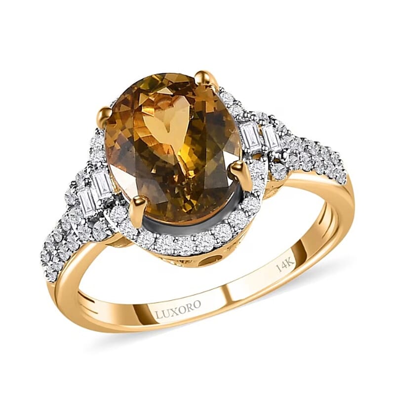 Luxoro 14K Yellow Gold Premium Golden Tanzanite and G-H I3 Diamond Ring (Size 12.0) 3.50 Grams 3.10 ctw